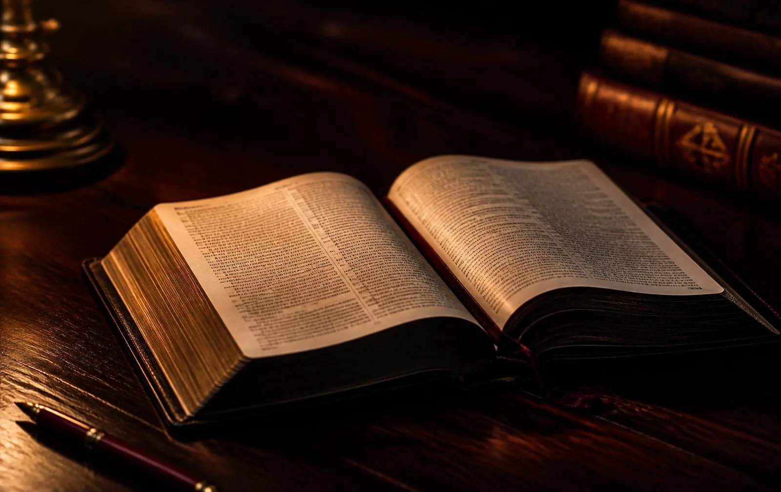 Biblical literacy study Open Bible on a dark table lit by a warm lamp